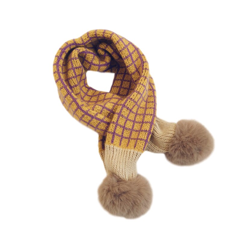 Écharpe tricotée à pompon en fausse fourrure pour enfants, écharpe d&#39;hiver à carreaux pour garçons et filles, cache-cou, accessoires pour bébés: C