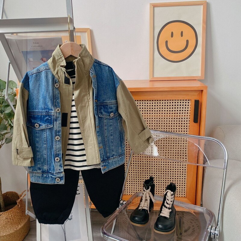 2021 vendita calda autunno bambini ragazzi ragazze cappotto patchwork maniche lunghe falso due giacche bambini Denim capispalla stile Casual E425
