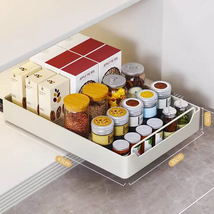 Küchenregal, Topf-Aufbewahrungsbox, Gewürzregal unter der Spüle, ausziehbarer tiefer Schrank, Gleitschiene, Korbregale, schwebendes Regal: Licht Gelb