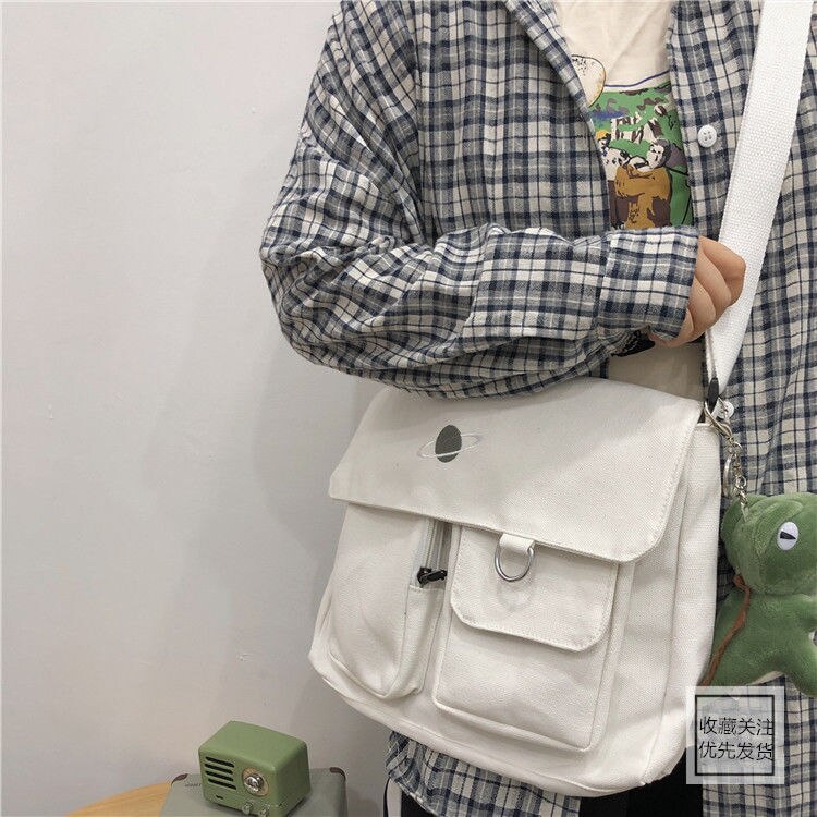 Shopping Bags Women Canvas Printed Harajuku Simple Students Casual Flap All-match Single-shoulder Korean Daily Chic Ulzzang Bag: 2 no pendant