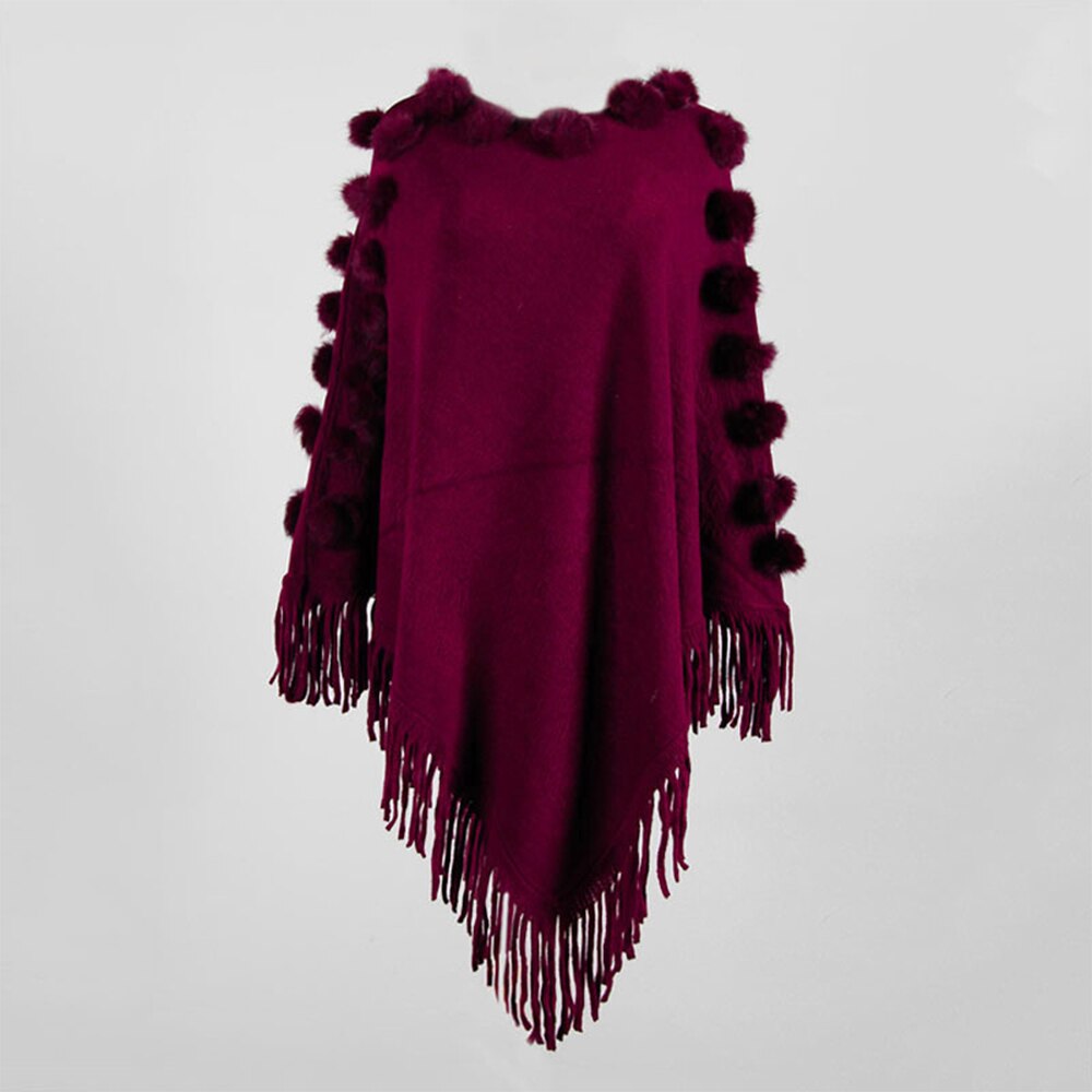 Kvinnor päls boll tofsar poncho tröjor enfärgad hel ärm stickade capes höst vinter lösa tröjor oregelbunden tröja mantel: Röd