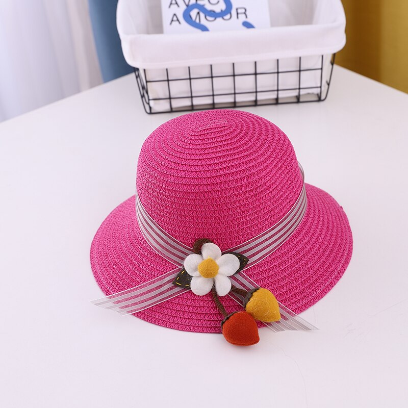 Summer Sweet Cute Flowers Kids Straw Hats Children Beach Cap Baby Photography Props Baby Girl Hat Sun Visor Caps: rose red