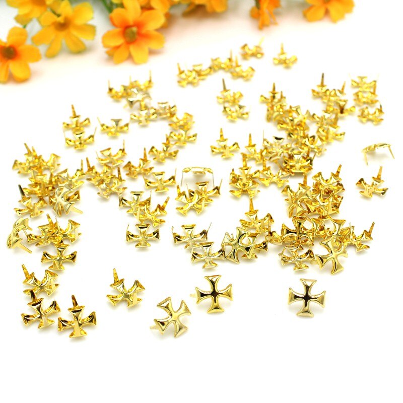 100 Stks/partij 12Mm Golden Cross Studs Metalen Klauw Kralen Nailhead Punk Studs Klinknagel Riem/Lederen/Schoenen/kleding Accessoires