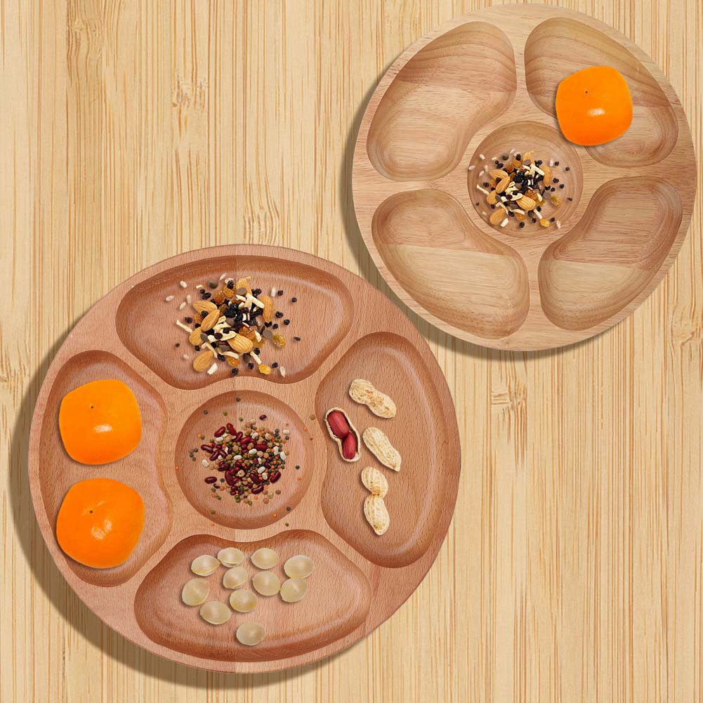 Plato separador redondo de madera de goma, plato para aperitivos y postres, bandeja para fruta, 5 rejillas, plato de almacenamiento de dulces