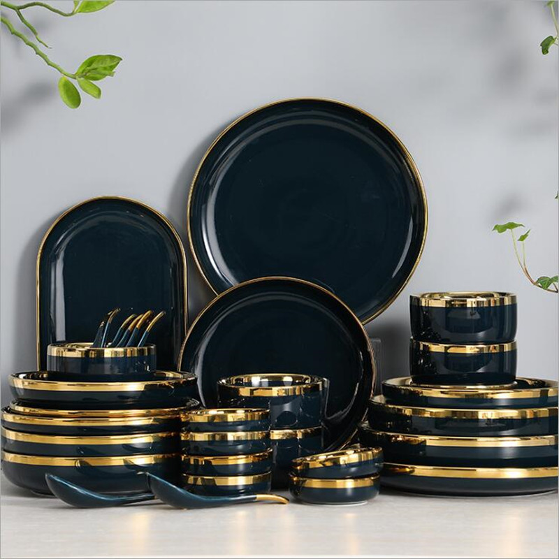 Gilt Rim Dark green Plate Steak Food Nordic Style Tableware Bowl Ins Dinner Dish High End Porcelain Dinnerware Set