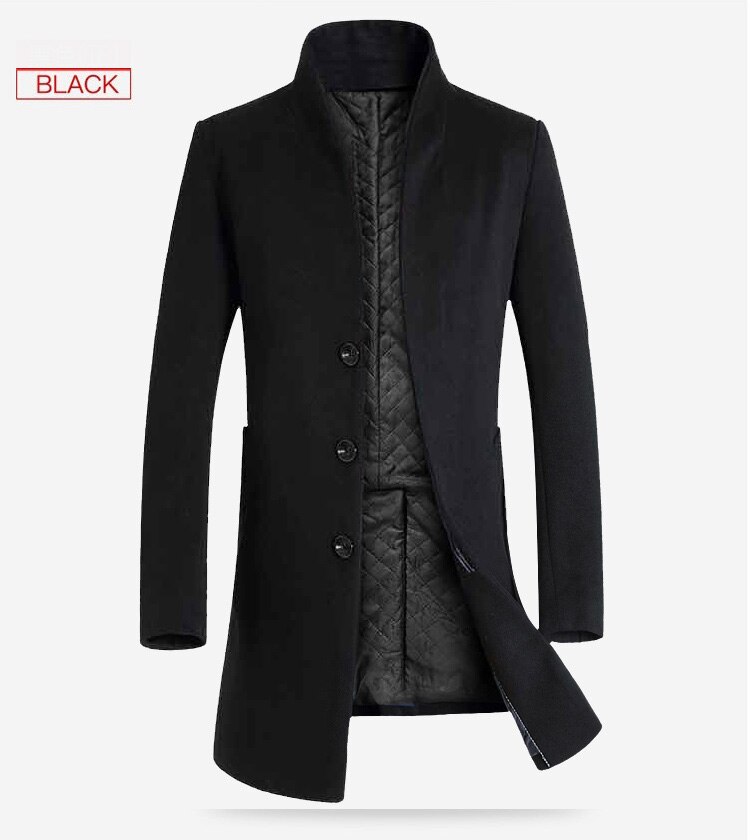 Hcxy lang trenchcoat for menn elegent menn ull vinterjakke frakk herre overfrakk lang homme kommersiell virksomhet vindjakke: Svart / L