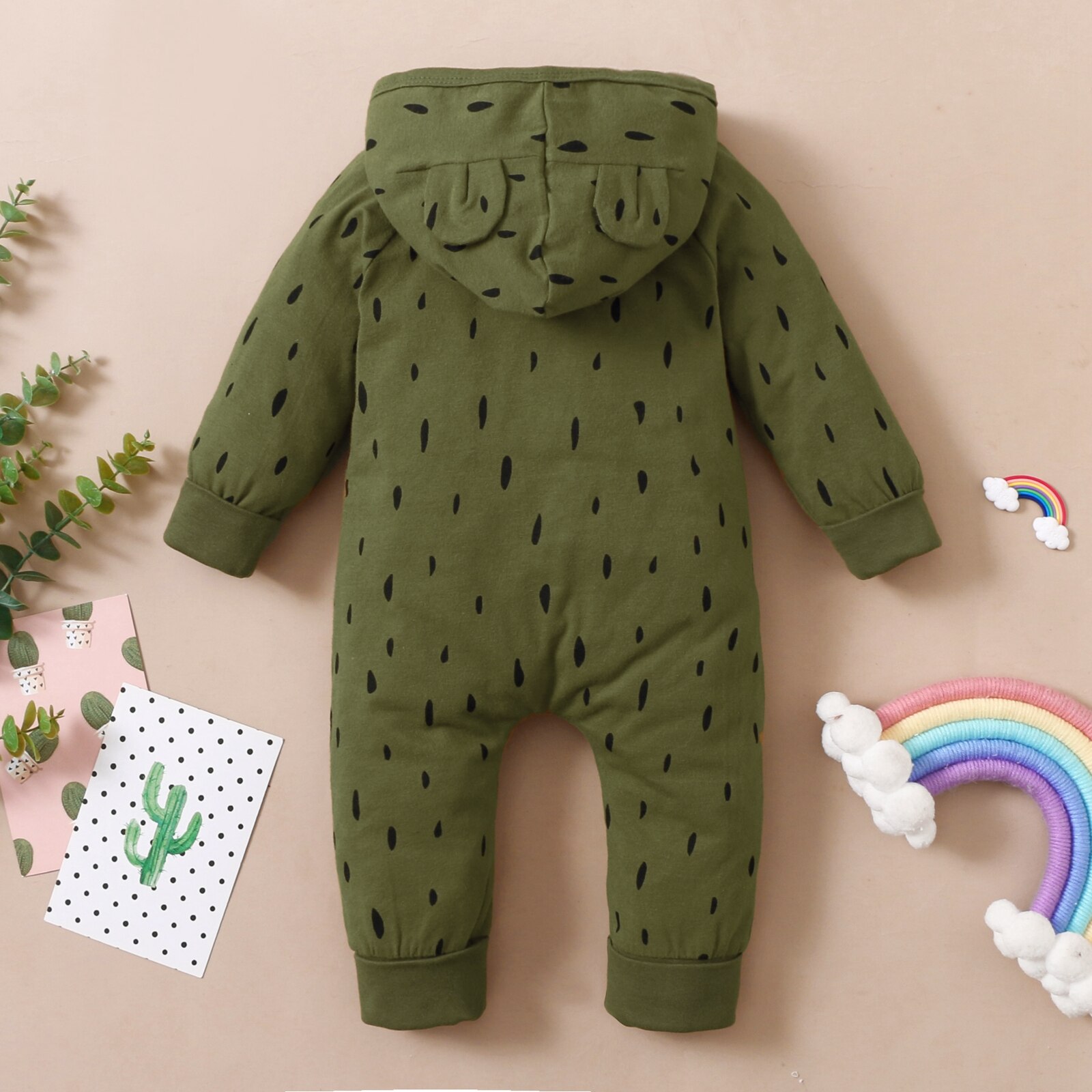 Baby Meisjes Jongens Single-Breasted Jumpsuit, Lente Herfst Dot Printing Lange Mouwen Cartoon Oren Decoratie Hooded Romper