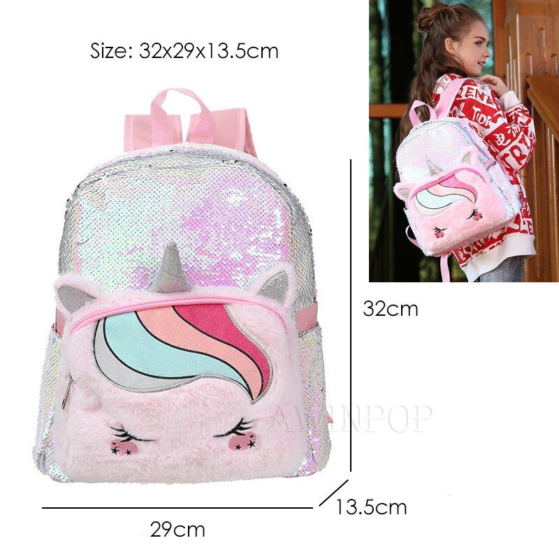 Mermaid Sequin Backpack for Girls Children Large 3D Cartoon Unicorn School Bag Teenager Hologram Heart Love Backpack: 9
