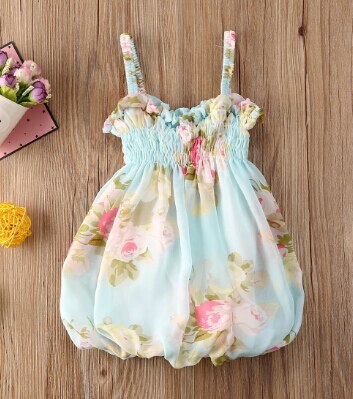 0-24m babymeisjesjurkjes in 4 kleuren, zomerbloemenprint, ruches, mouwloos mini-jurkje, zomerjurkje: Blauw / 6m