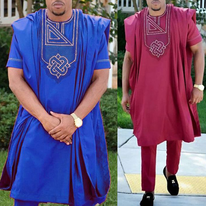 Pas de chapeau dashiki broderie africaine hommes vêtements riche bazin hommes costume hauts chemise pantalon 3 pièces ensemble grande taille PH3062