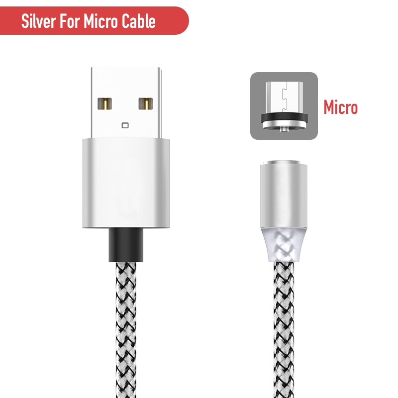 5V2.4A 2M magnetico Micro USB cavo magnete Micro cavo telefono Android cavo di ricarica Nylon per Samsung Galaxy Huawei Honor tablet: Silver for Micro / 2M Length