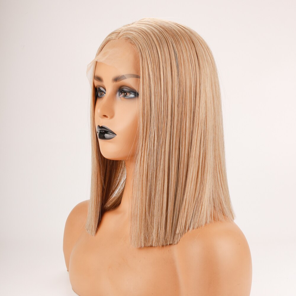 Dlme Lace Front Pruik Blonde Bob Pruik 14 "Korte Blonde Bob Pruik Natural Straight Midden Deel Synthetische Lace Frontal pruik