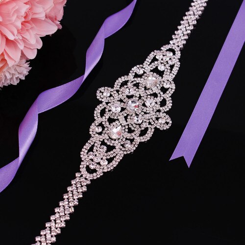 Bridal Belts with Silver Diamond Crystal Bridal Wedding Accessories Belts for Women Wedding Gown: Light Purple Ribbon