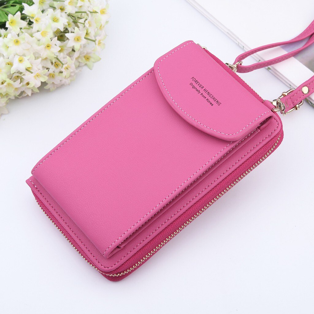 38# Women Mobile Phone Bag Buckle Shoulder Messenger Bag Large Waist Bag For Mobile Phone Universal Pouch Portable Pocket: Hot Pink