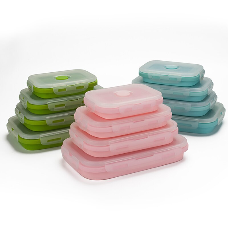 4pcs/set Silicone Lunch Box Set Stackable Bento Food Prep Container Foldable Lunchbox Microwave Dinner Storage Containers