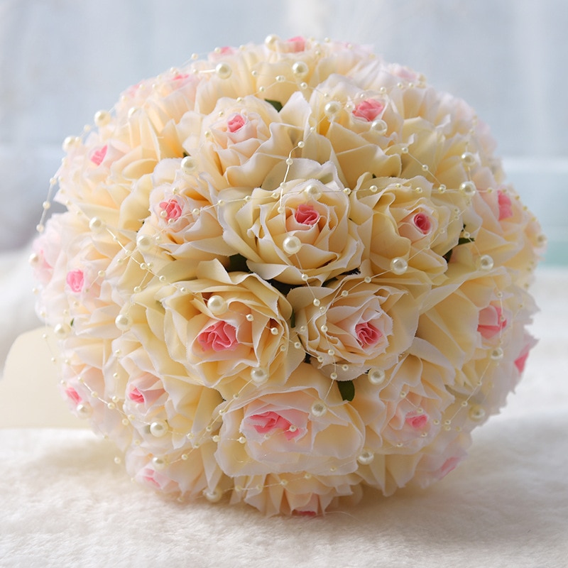 JaneVini Champagne White Bridal Flowers Bride Hand Bouquet Pearls Artificial Groom Flower Bouquet Brooch Mazzi Di Fiori