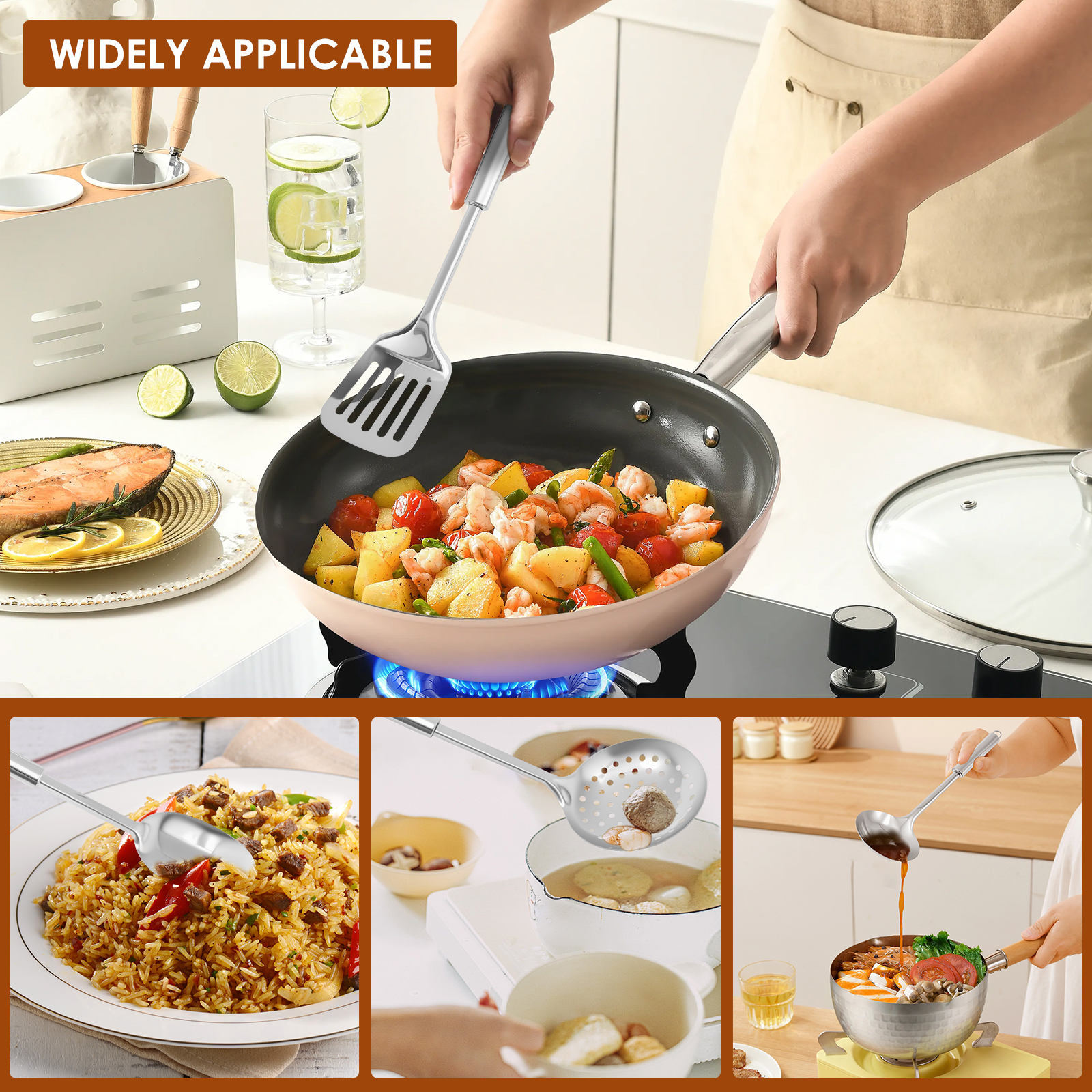 6-delige kookgerei set roestvrijstalen keukengerei set hittebestendige wok gebruiksvoorwerpen set veelzijdige keuken kookgerei