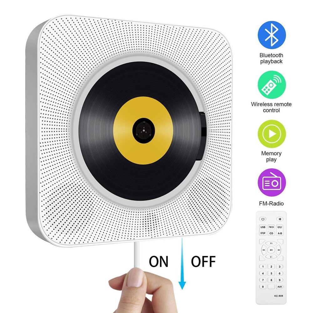 Onvian Wall Mounted CD Player Surround Sound FM Radio Bluetooth USB MP3 Disk Portable Music Player Remote Control Stereo Speaker: White EU PLUG