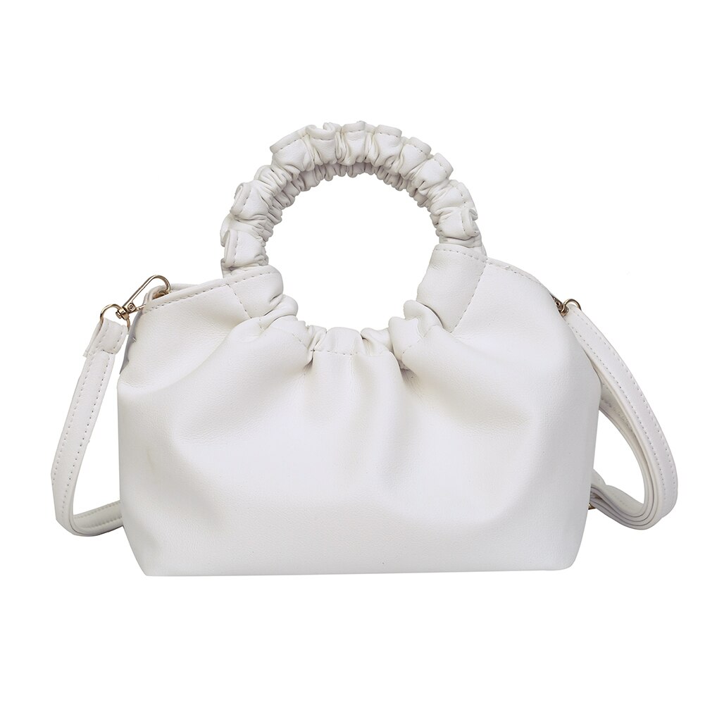 Mulheres Cor Pure bolsa de Ombro Mensageiro Sacos de Couro PU Alça Redonda Plissada Casual Crossbody Bolsas Bolsas Feminina Shopping Bag: WHITE