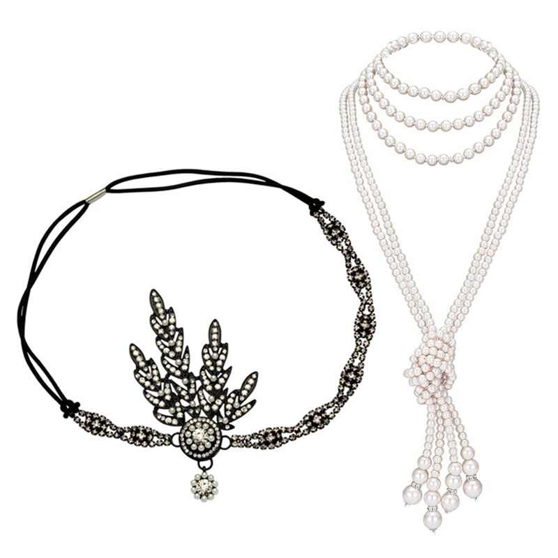 Great Gatsby Accessories Set for Women 1920s Flapper Pearl Necklace Headband Leaf Headpiece Party Costume Jewelry: black A