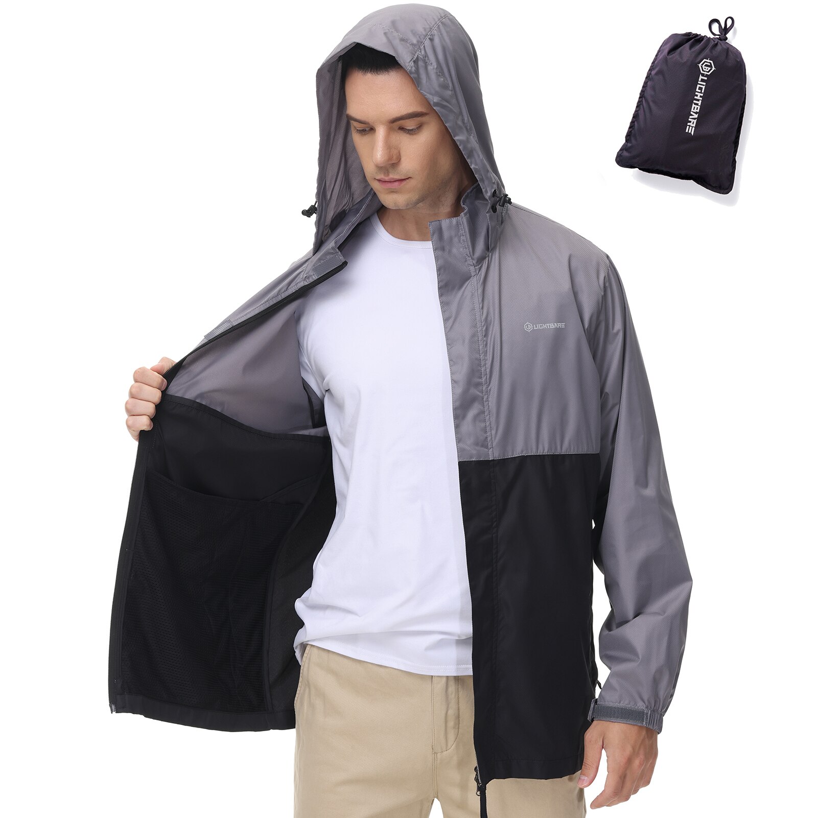 Bassdash Lightbare Series Men’s Lightweight Water Resistant Raincoat Ripstop Packable Breathable Hooded Windbreaker Jacket LB02M: Dark Grey Black / Medium