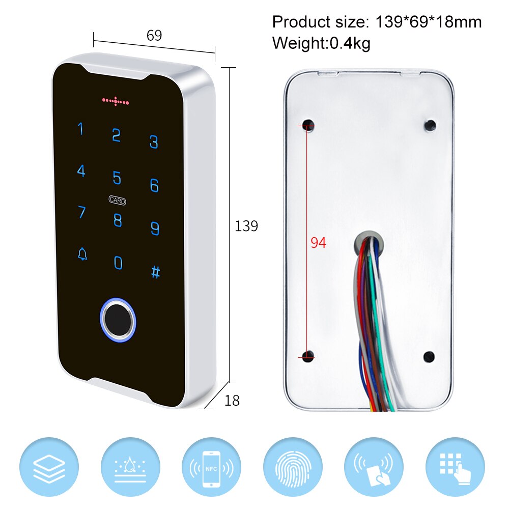 Mobile Phone NFC Access Control Keypad RFID Keyboard Access Controller System Fingerprint IP68 Waterproof 13.56MHz Card Reader