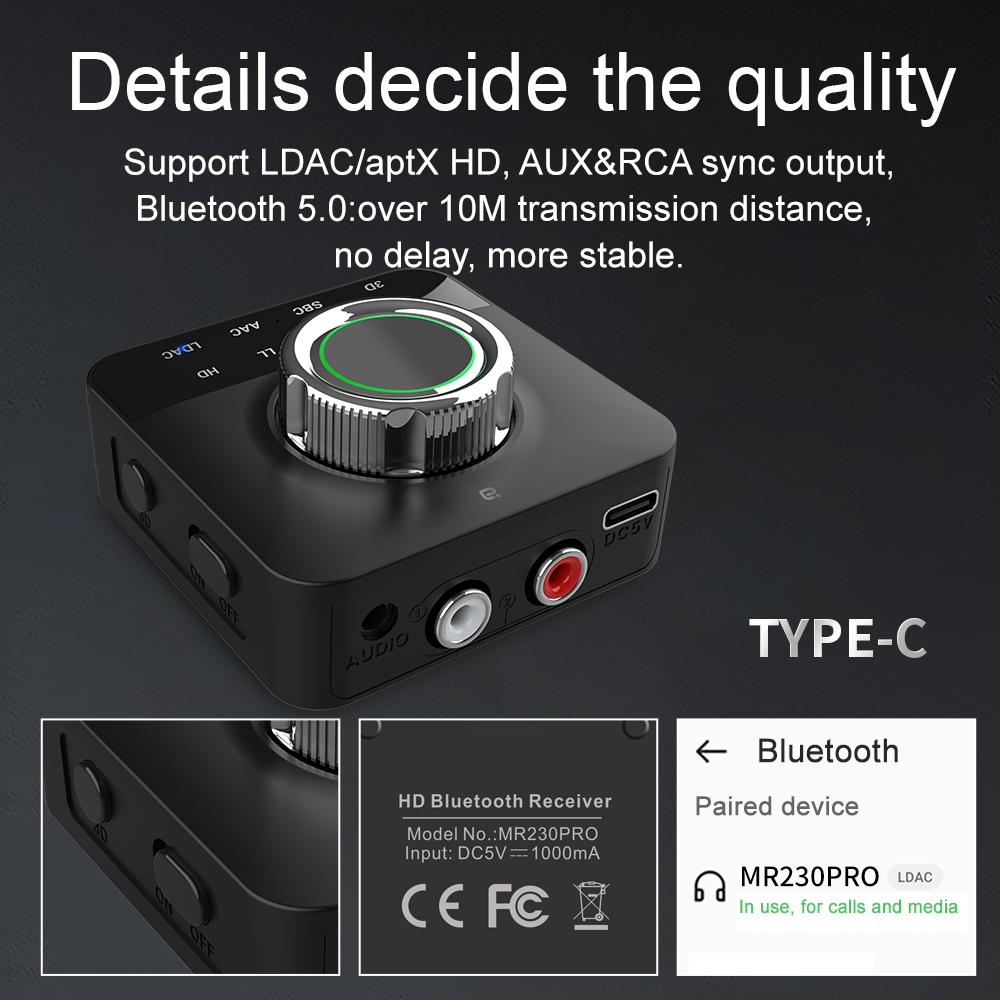 Hi-res ldac bluetooth-modtager aac aptx hd rca 3.5mm aux 3d stereo musik trådløs adapter til tv højttaler tablet telefon forstærker