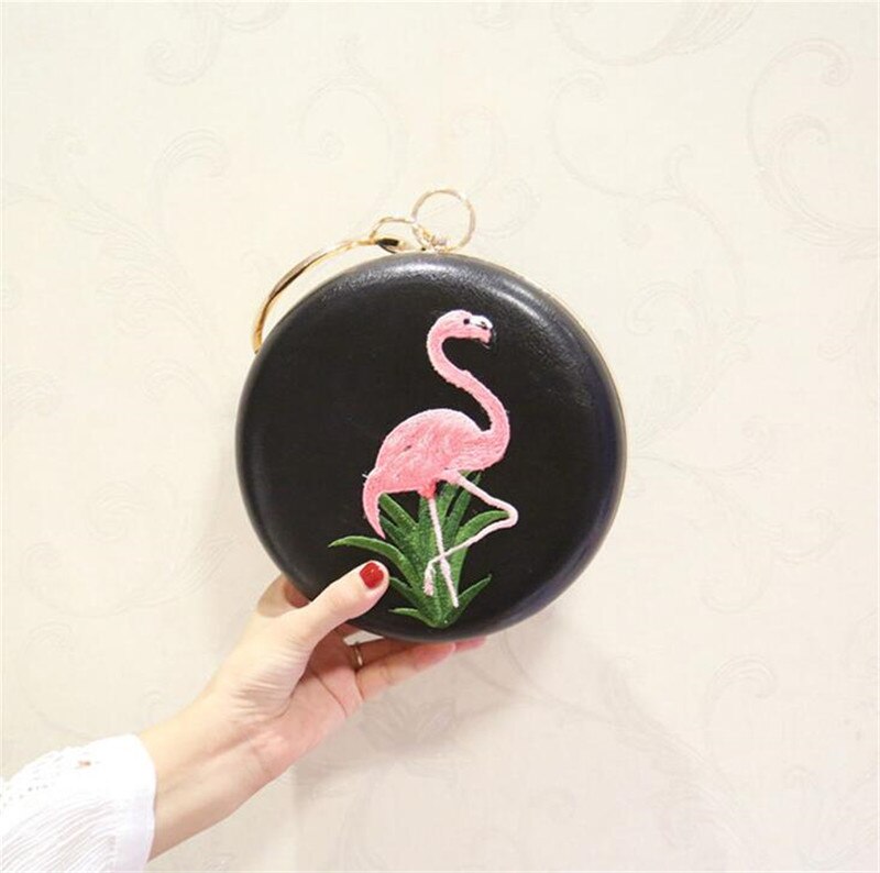 Stijl Flamingo Borduurwerk Avond Clutch Bags Ronde Vormige Avondtassen Met Ketting Bruiloft Tas: Black