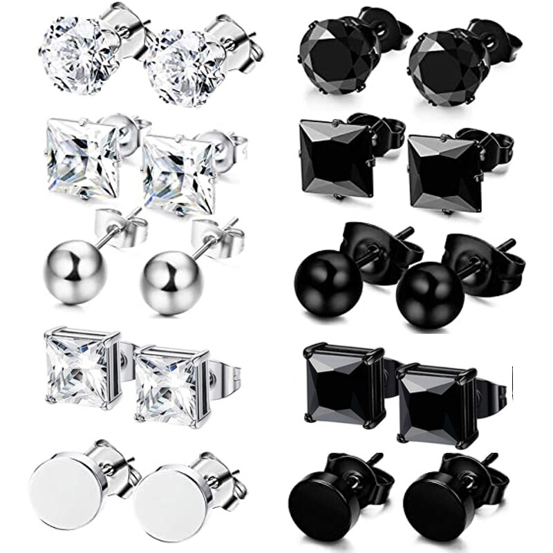 10 Pairs of Stainless Steel Stud Earrings Unisex Round CZ Earring Set Steel Color Black 6mm