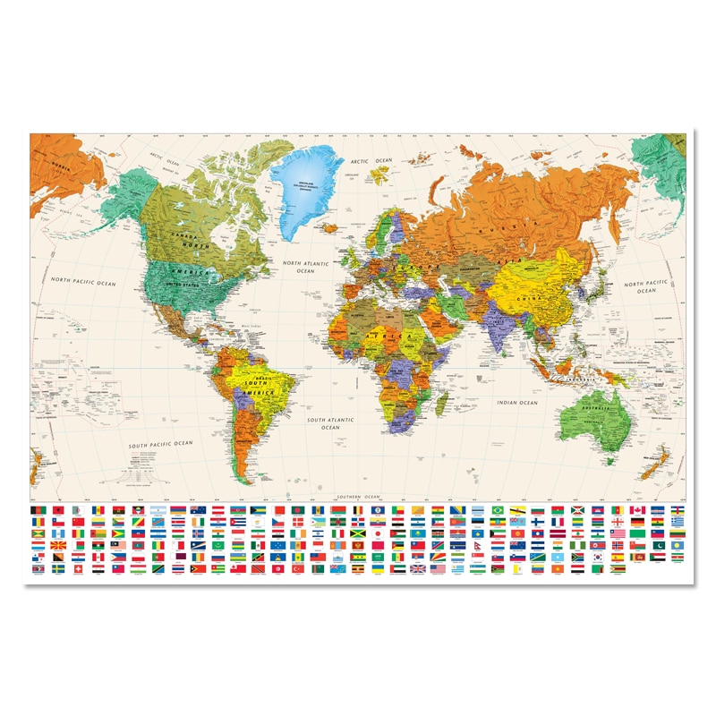 Farve verdenskort med flag plakat størrelse væg dekoration verdens store kort 50 x 70cm olie lærred mapoffice forsyninger