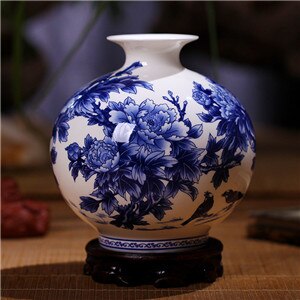 Jingdezhen Blå og Hvit Porselensvase - finne Benporselensvase med Peon - Keramikkvase: F