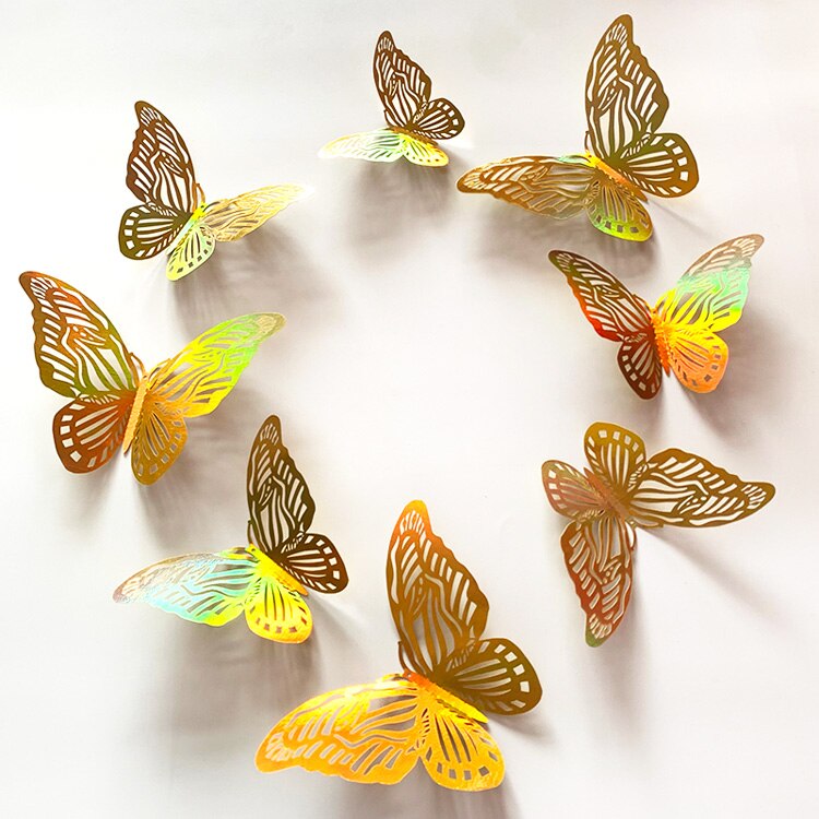 Autocollant mural papillon 3D ajouré coloré doré, 12 pièces, décorations de mariage, décoration de salon, sparadrap d&#39;art pour la maison: Style C
