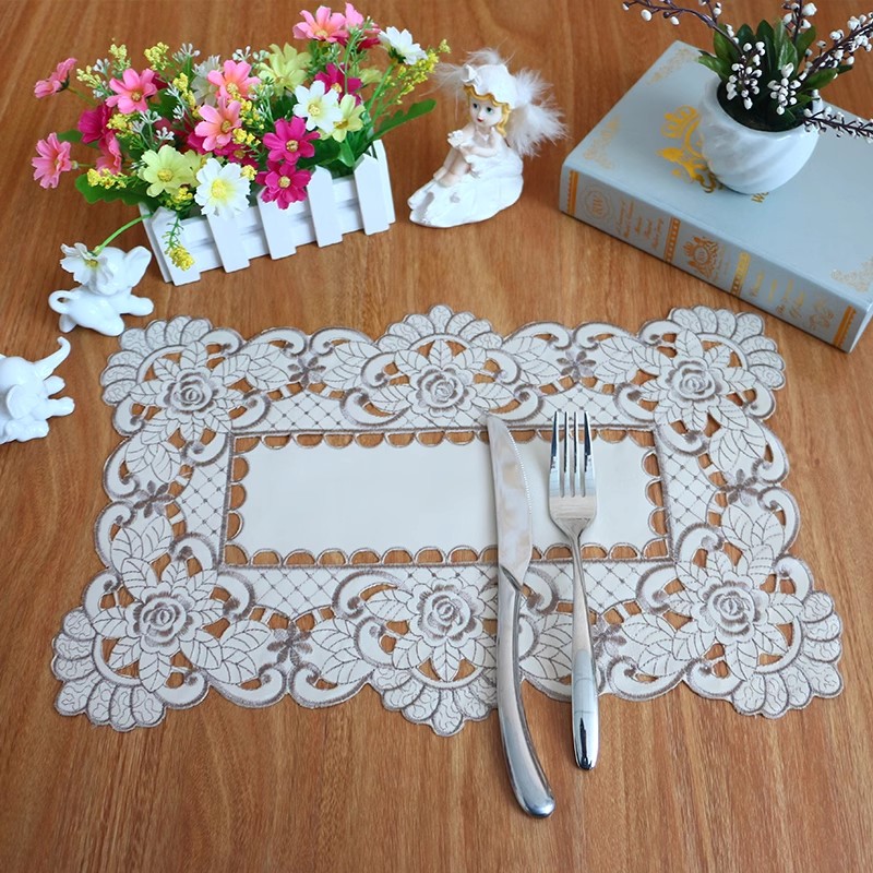Tapete de mesa rectangular hueco bordado de tela moderno, posavasos, juego de té, cesta de flores, decoración de bar para de boda