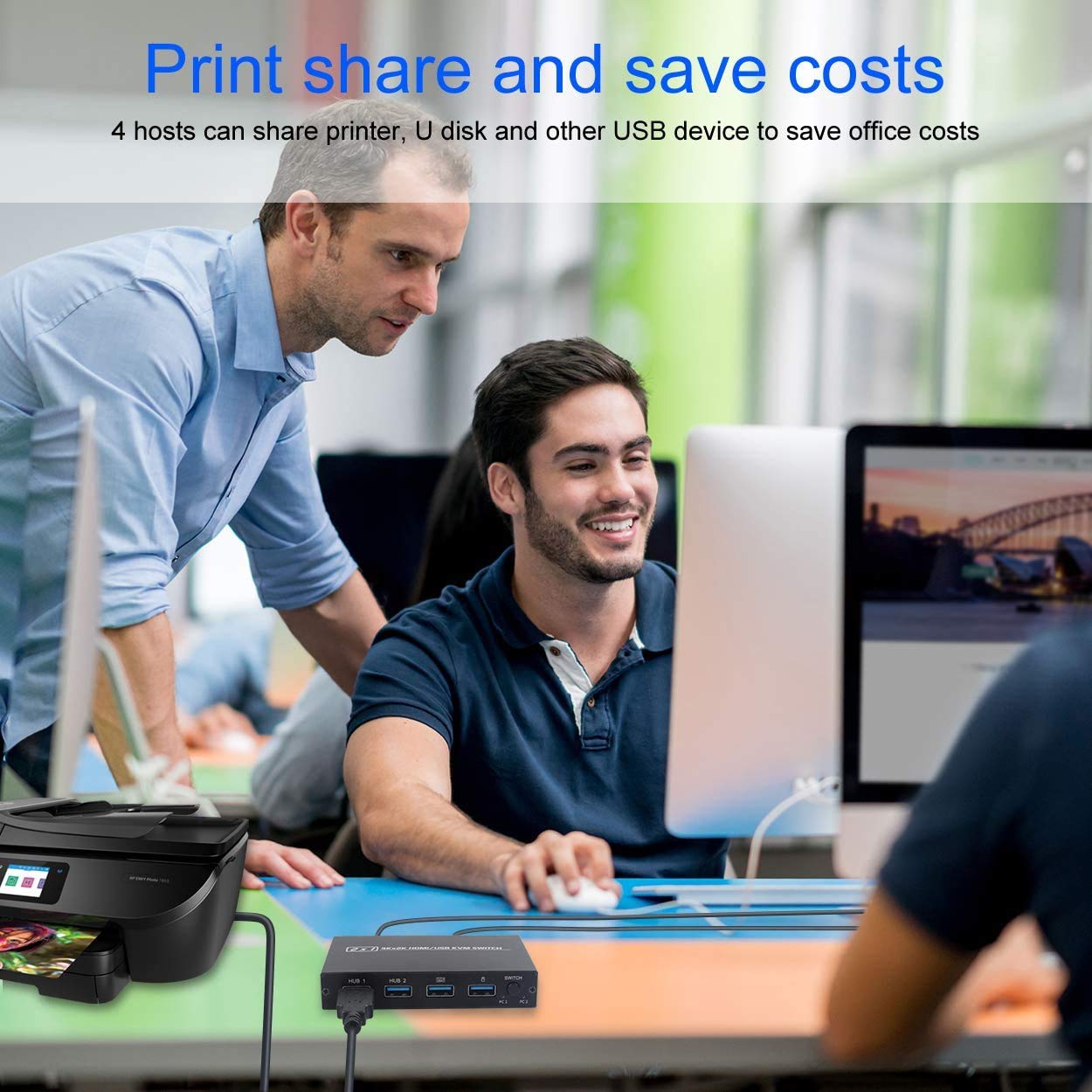 Interruptor KVM 4K compatible con HDMI, caja de 2 puertos USB para teclado y ratón de Monitor compartido, impresora EDID / HDCP adaptable, Plug And Play 4.