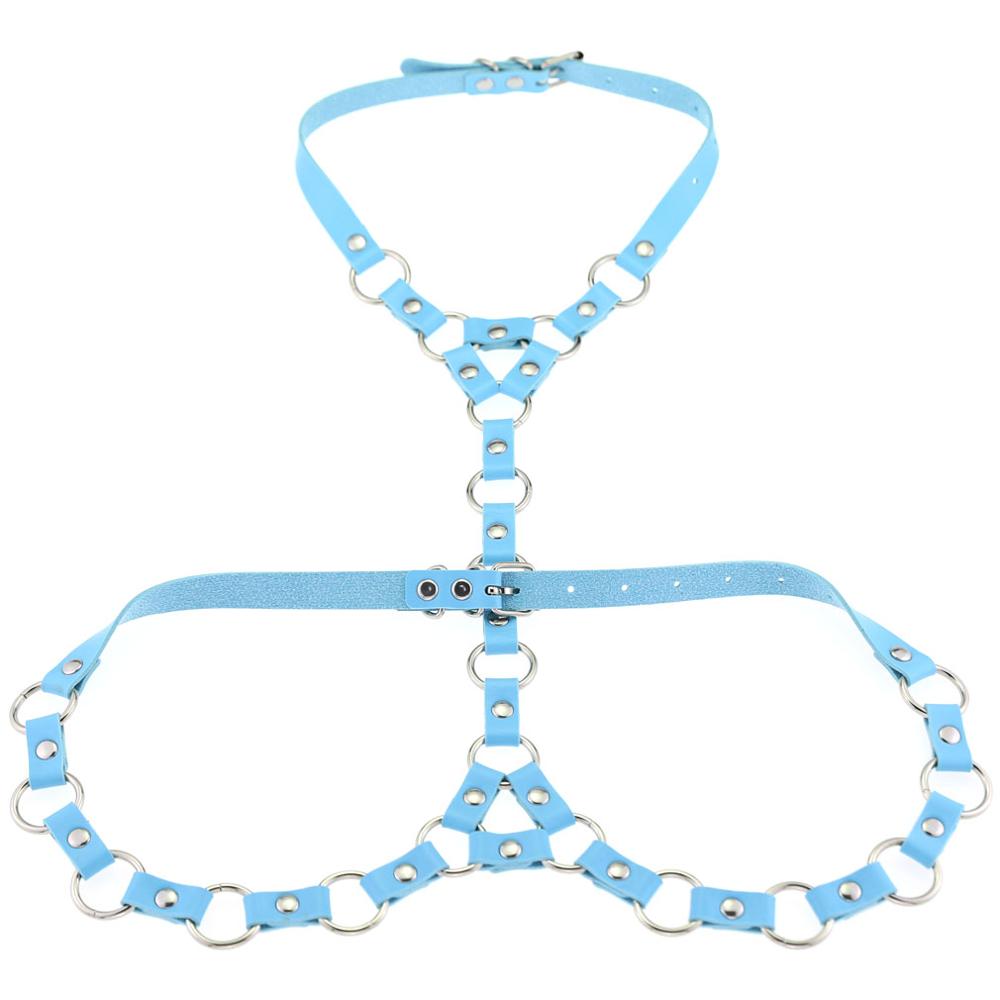 Mode Punk PU Lederen Harnas Body Met O-Ring Choker Bondage Taille Riemen: light blue