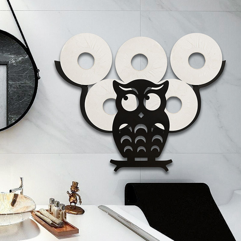 Soporte de papel higiénico decorativo de búho para baño, estante de almacenamiento de pañuelos montado en la pared, color negro