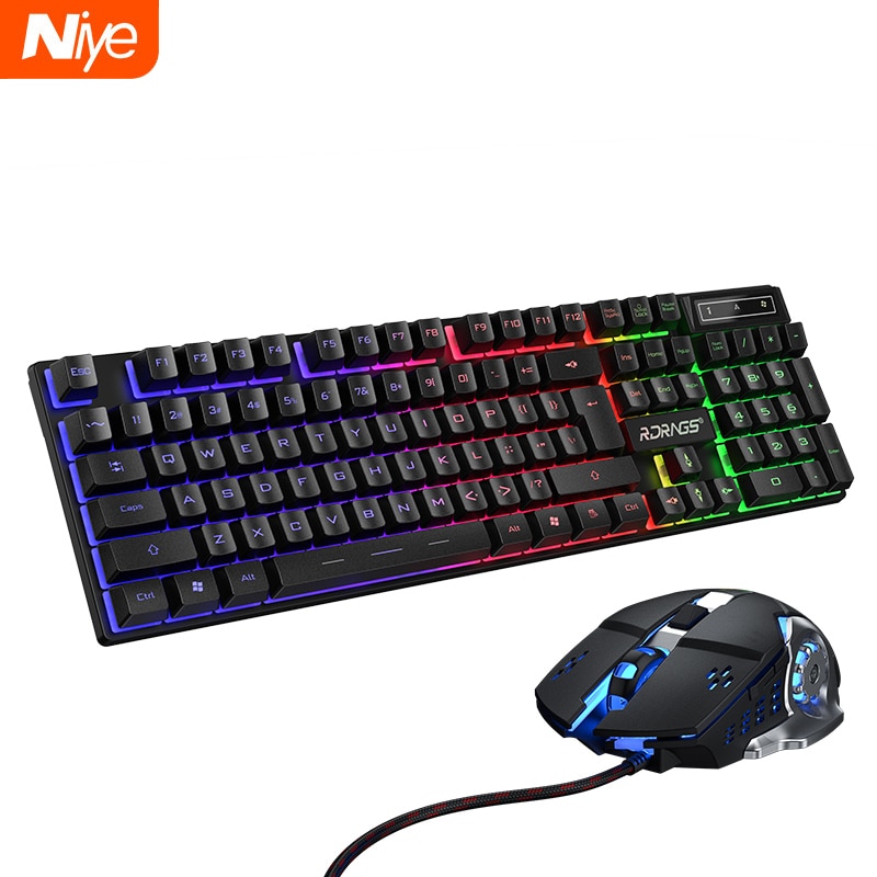 Wired Gaming Keyboard Mouse Gamer Kit PC Gamer Mechanical Feel Keyboards Rainbow Backlight Computer Backlit 104 Keys Keycaps Set