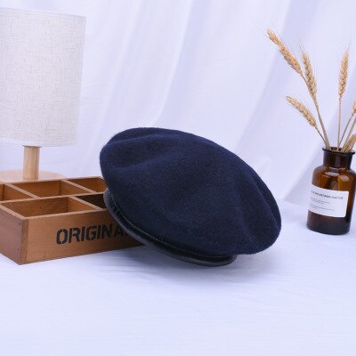 Ymsaid skóra francuski beret czapka czarna kobieta 100 wełna czuł malarze berety dla kobiet zima jesień czapka typu czapka bez daszka rozmiar 56-58cm: marynarka wojenna