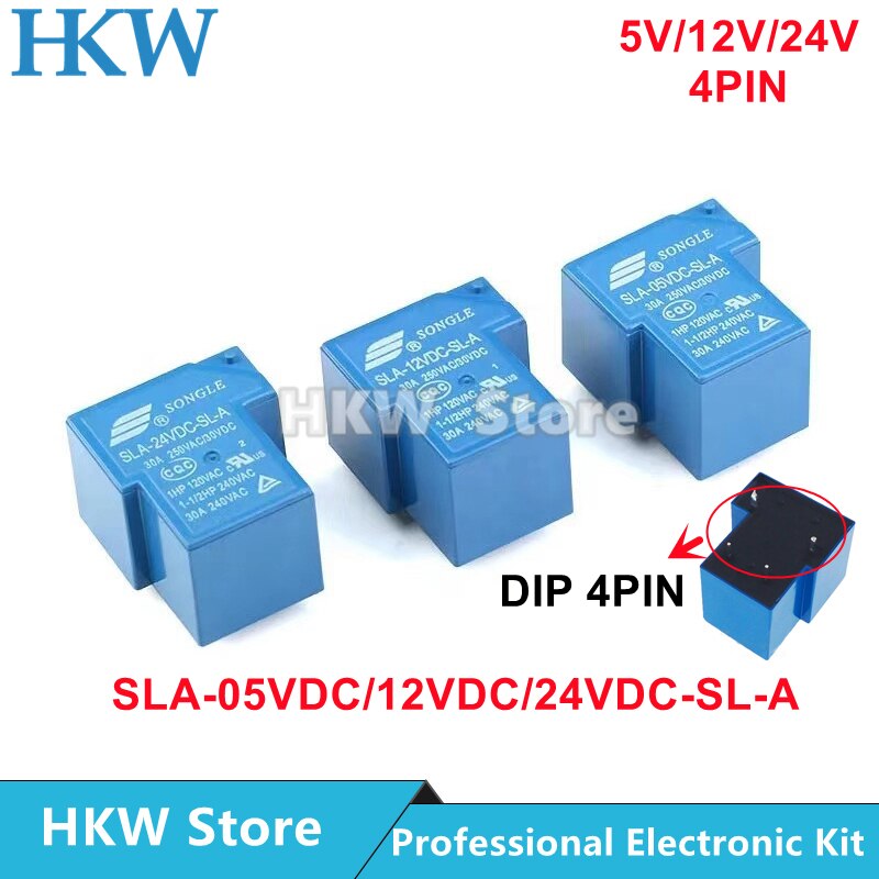 5pcs Relay 4pins SLA-05VDC-SL-A SLA-12VDC-SL-A SLA-24VDC-SL-A 5V 12V 24V 30A 250VAC 5PIN T90 Normally Open Relays Relais 4pin