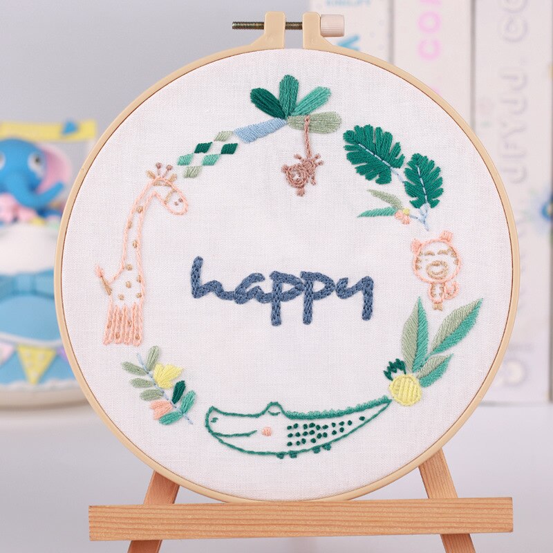 Kit de bordado fácil para principiantes, juego de punto de cruz de animales de dibujos animados, arte de coser hecho a mano, manualidades para decoración de habitación de niños: 3 / 20cm plastic hoop