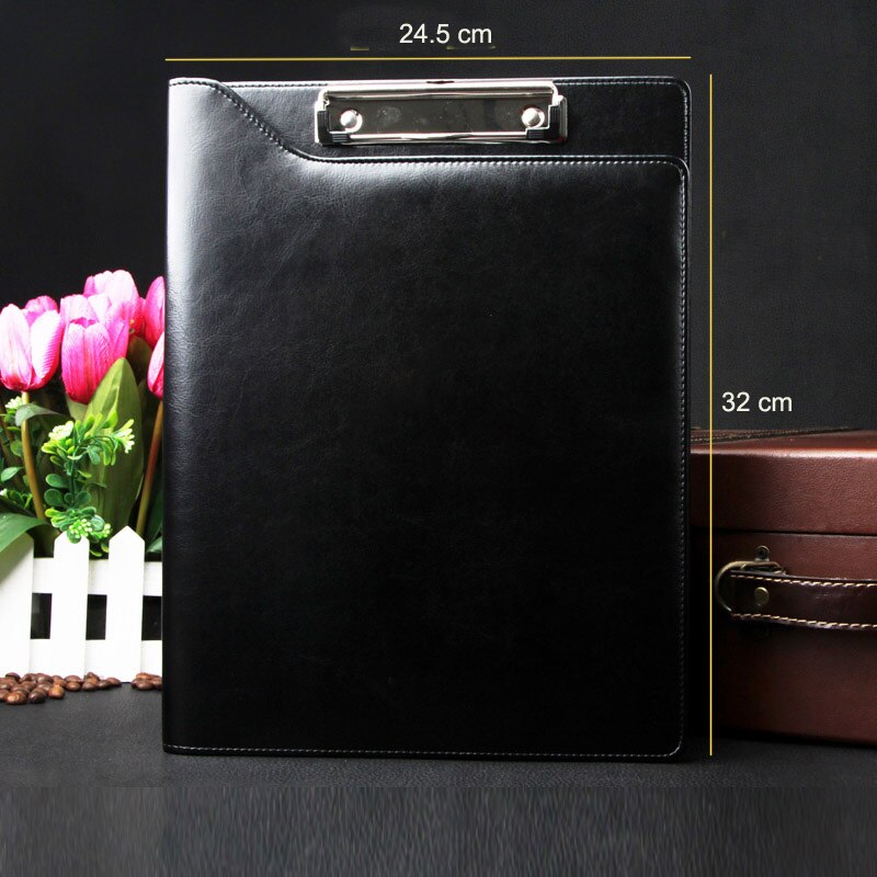 A4 PU leather File Folder Writing Pad Paper Clip Padfolio Business Conference Folder For Office School Supplies: black