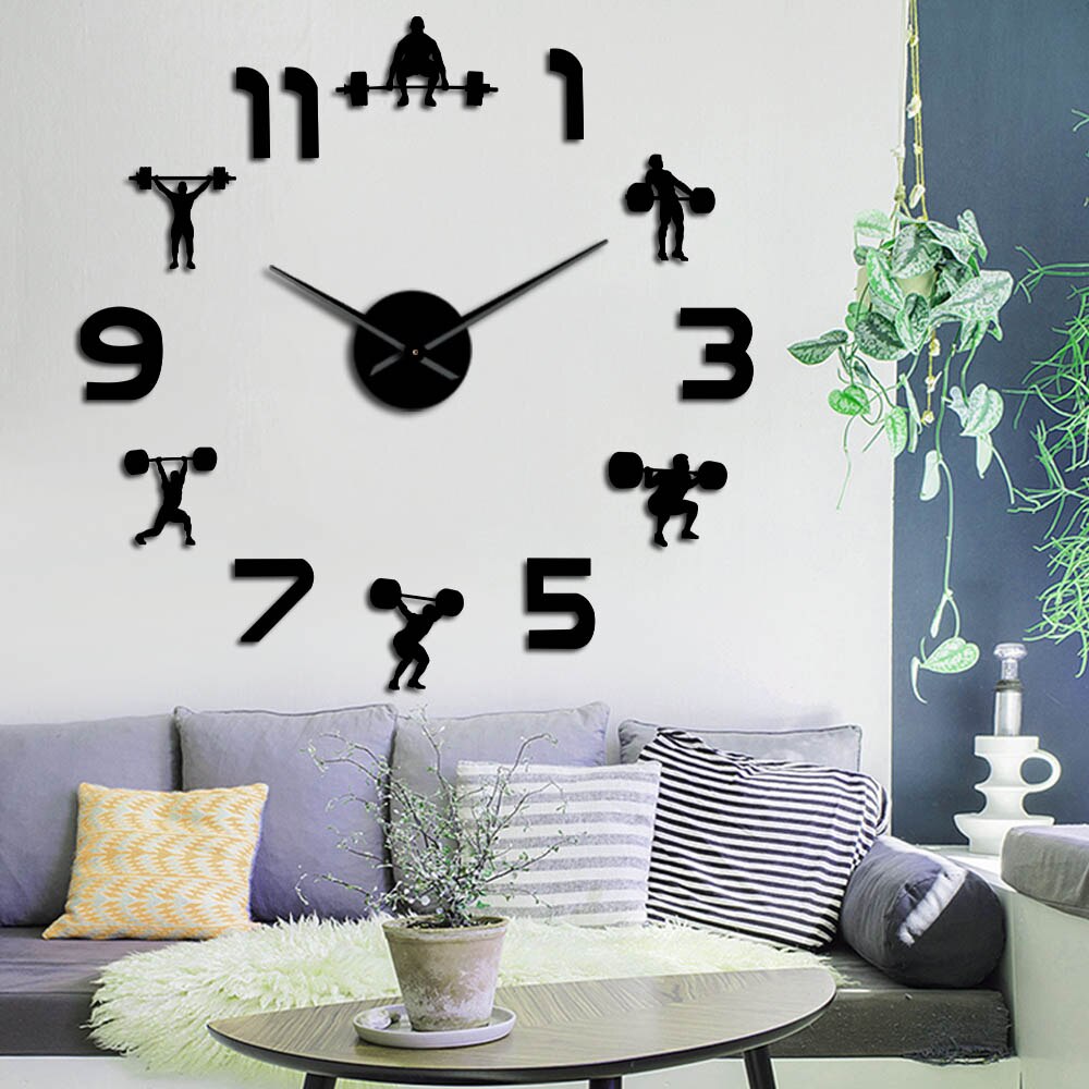 Weightlifting Fitness DIY Large Wall Clock Powerlifting Bodybulding Frameless Giant Wall Watch 3D Mirror Effect Wall Sticker