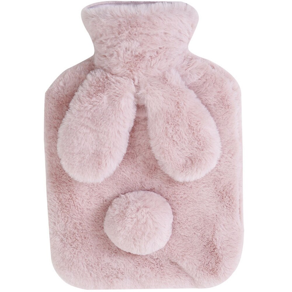 Varmt vandpose håndvarmere husholdningsopvarmningsflasker med kaninøredæksel: Lyserød
