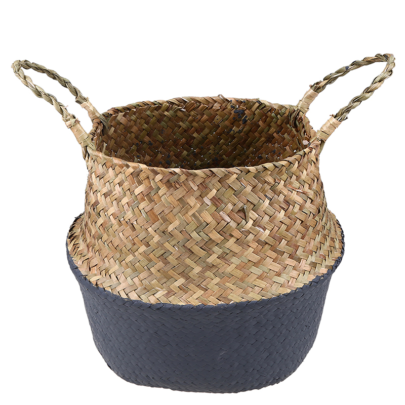Small Wicker Basket with Handles Seagrass Woven Storage Basket Laundry Toys Picnic Basket Foldable Belly Organizer: black / XS-16x13cm