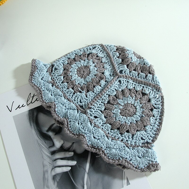 Summer Hollow Crochet Flower Fisherman Hat Shade Breathable Knitted Bucket Hat Ladies Panama Knitted Fisherman Hat: 02