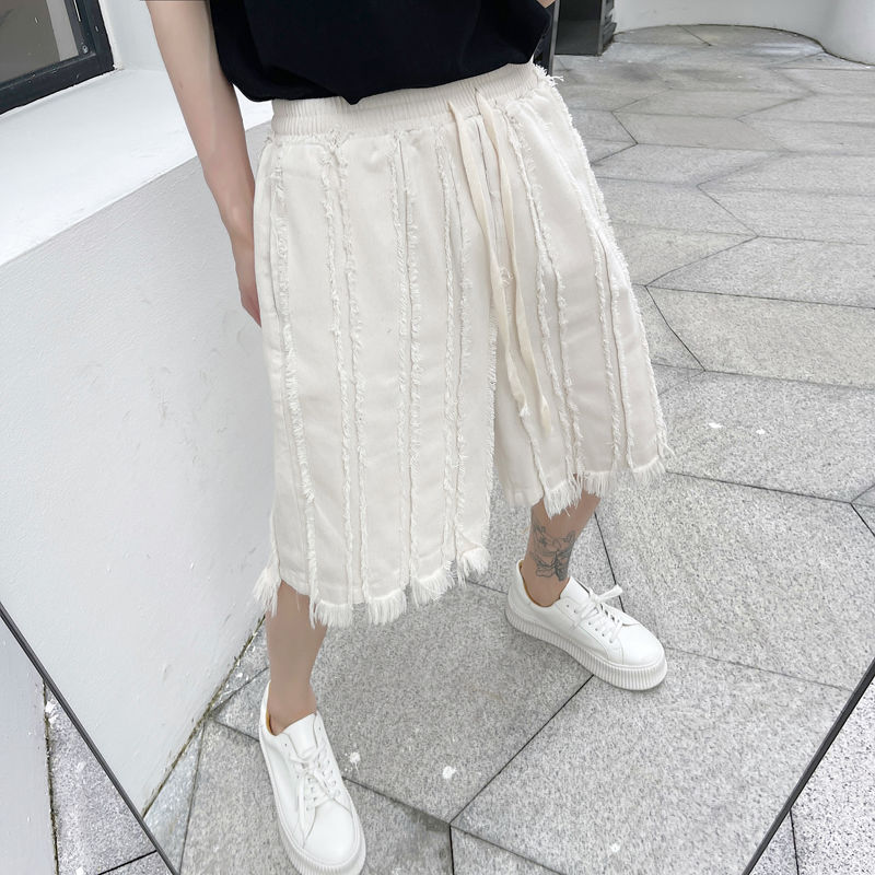 IEFB Summer Patchwork Moustache Effect Ribbon Denim Knee Length Pants Drawstring Elastic Waist Men's Jeans Shorts: White 9Y7060 / XL