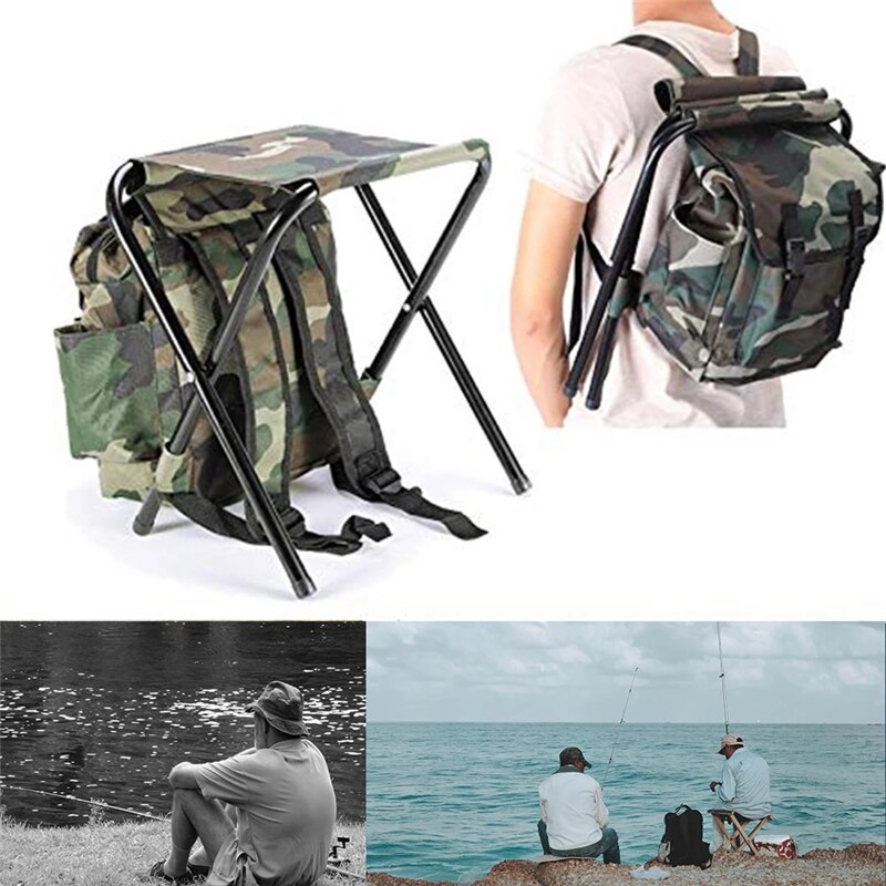 Faltbare Angeln Stuhl Rucksack Tarnung Oxford Tuch &Ampere; Metall Rohr Tragbare Angeln Ausrügestochen Camping Wandern Multifunktions Hocker