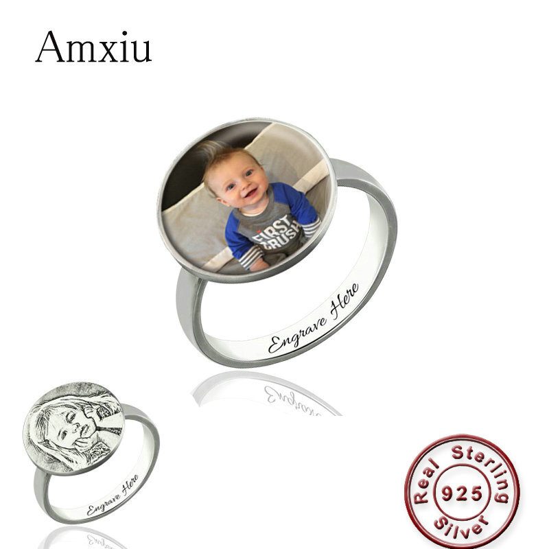 Amxiu Nach Familie Foto 925 Sterling Silber Ring Gravieren Namen Ringe Für Frauen murmeln Personalisierte DIY Bild Schmuck