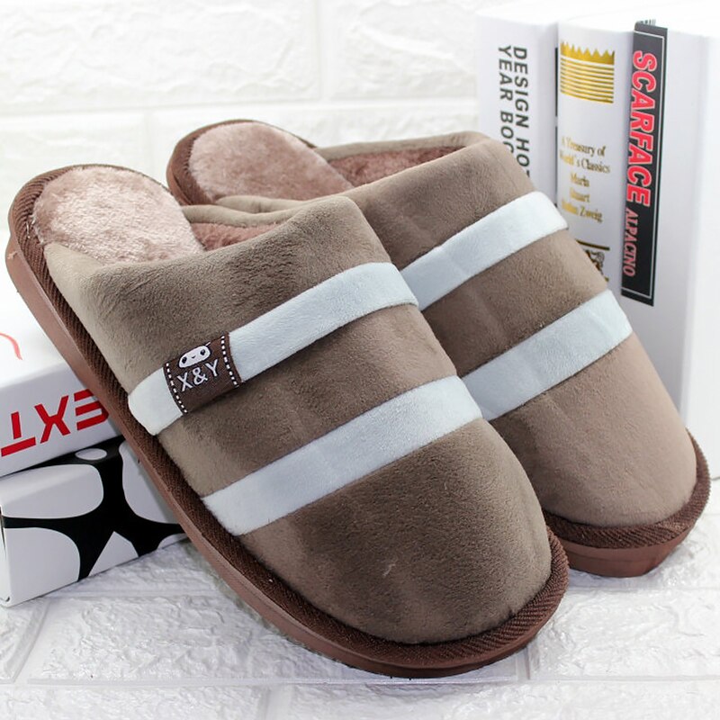 Large size 10.5-14 men's slippers plush striped soft house slippers man warm non-slip footwear man