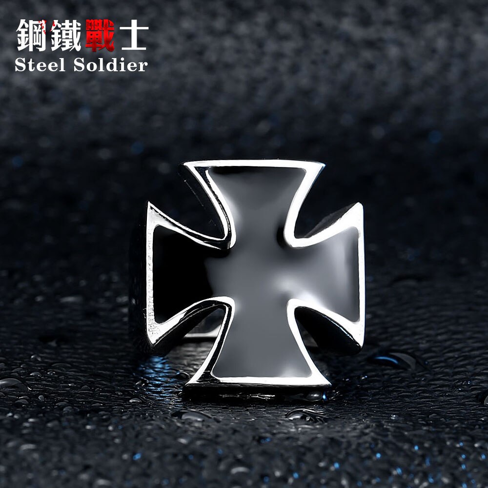 Anillo de acero inoxidable soldado de acero inoxidable con cruz de hierro para hombres, joyería de esmalte con personalidad popular para Europa